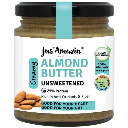 Jus Amazin Creamy Almond Butter (200g) : Unsweetened | 25% Protein | Clean Nutrition |single Ingredient - 100% Almonds | Zero Additives | Vegan & Dairy Free